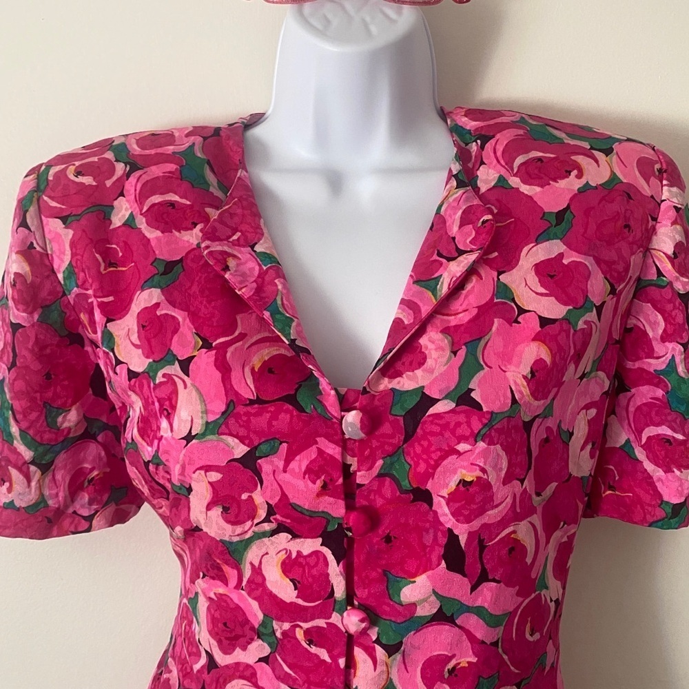Vintage 100% Silk Pink Floral Blouse Button-Up Shirt Padded Shoulder Cottagecore - Picture 4 of 14